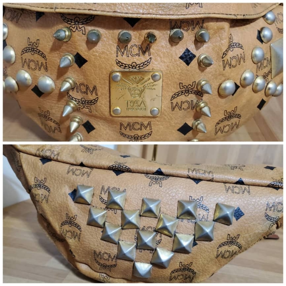 Authentic MCM Cognac Studded Visetos Belt Bag Fanny Pack Waist - Picture 11 of 14